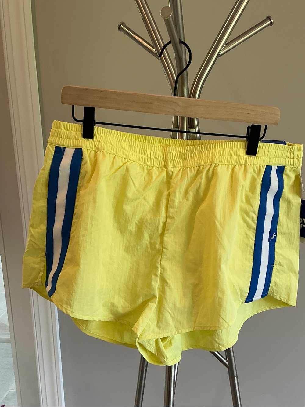 Yellow Women's Athletic Shorts with Blue Stripes